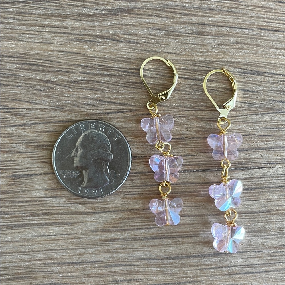 HAND CRAFTED PINK CRYSTAL BUTTERFLY EARRINGS - Picture 8 of 12